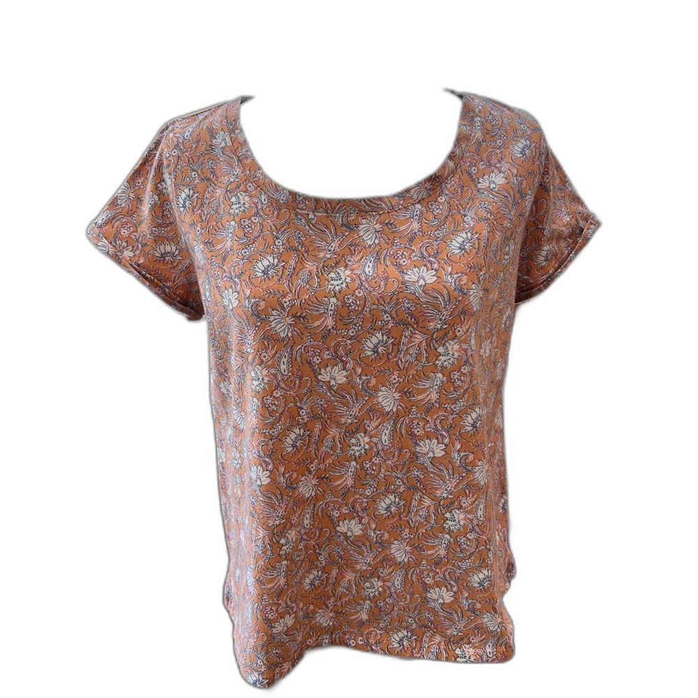 J.Jill Rust Floral Paisley Cotton Petite S Scoop Neck Short Sleeves Boho Tee Top